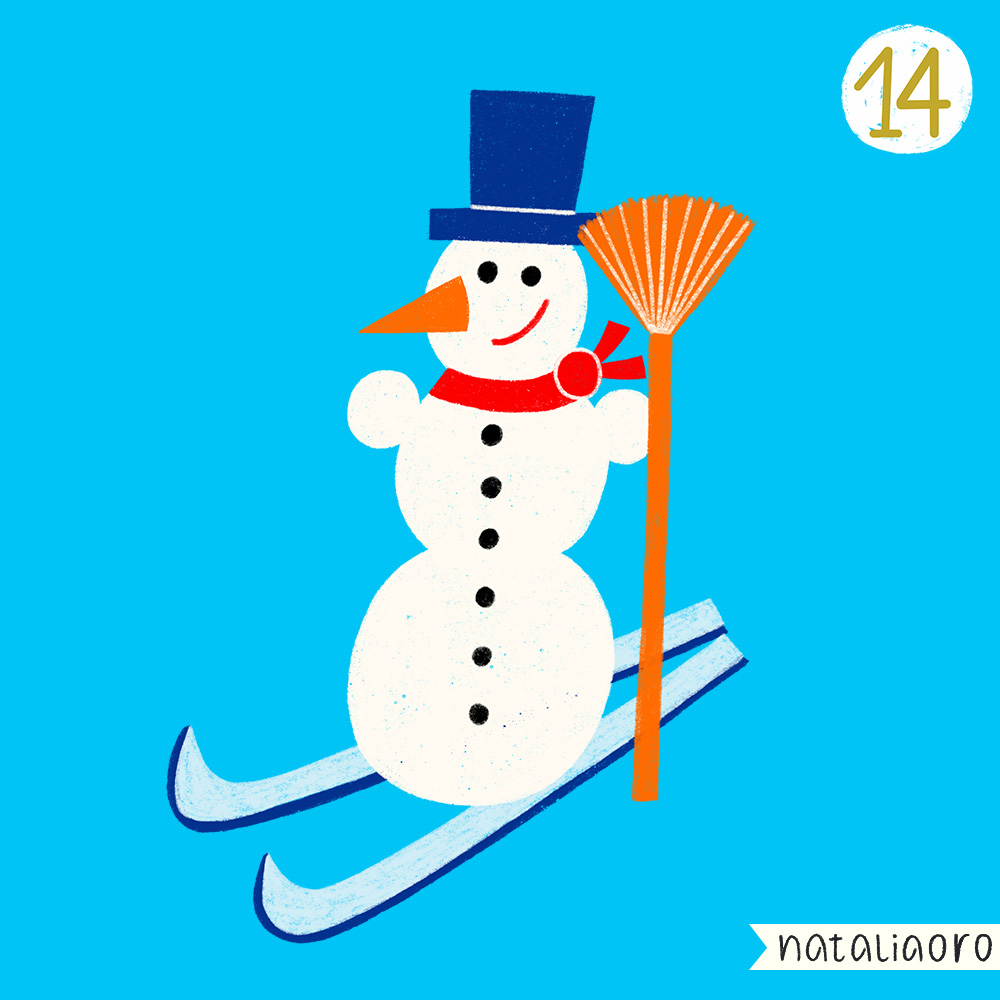 Day 14, Snowman on ski, spot illustration, personal project by nataliaoro