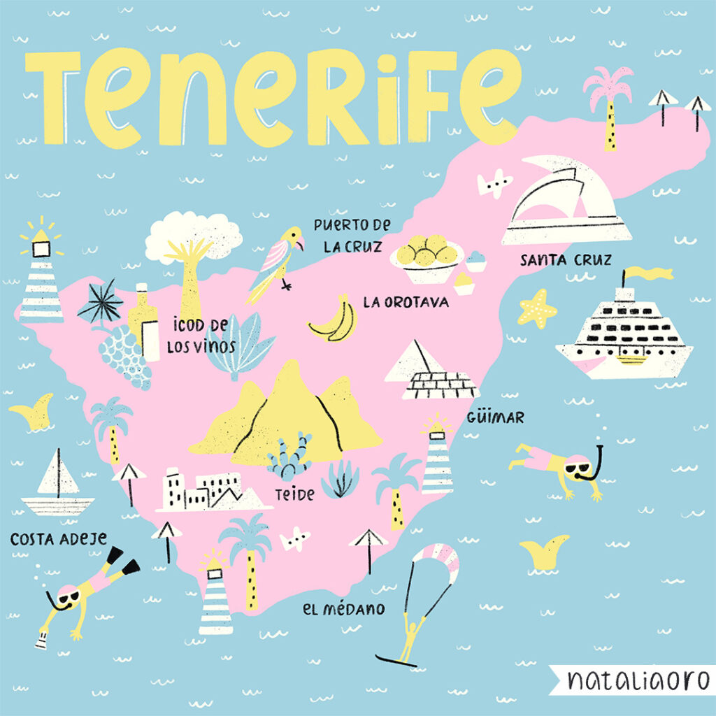 Illustrated map of Tenerife - main points of interest, by nataliaoro