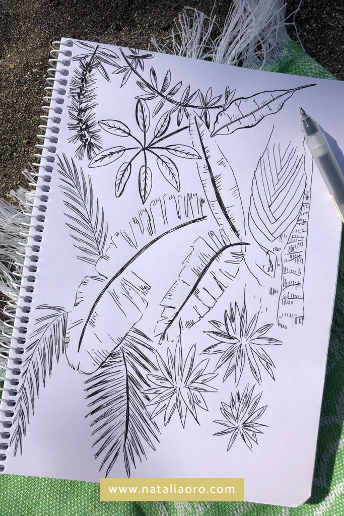 Creative practice on vacation - sketchbook practice - draw from nature - palm leaves, Tenerife, nataliaoro