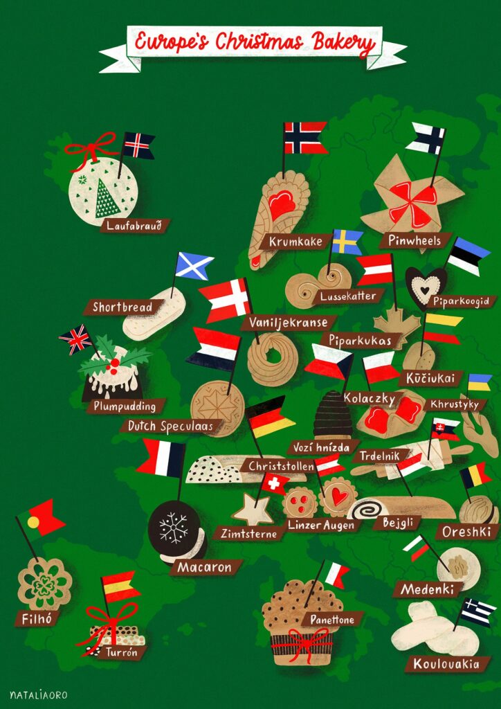 An illustrated map of Europe and typical Christmas treats, nataliaoro