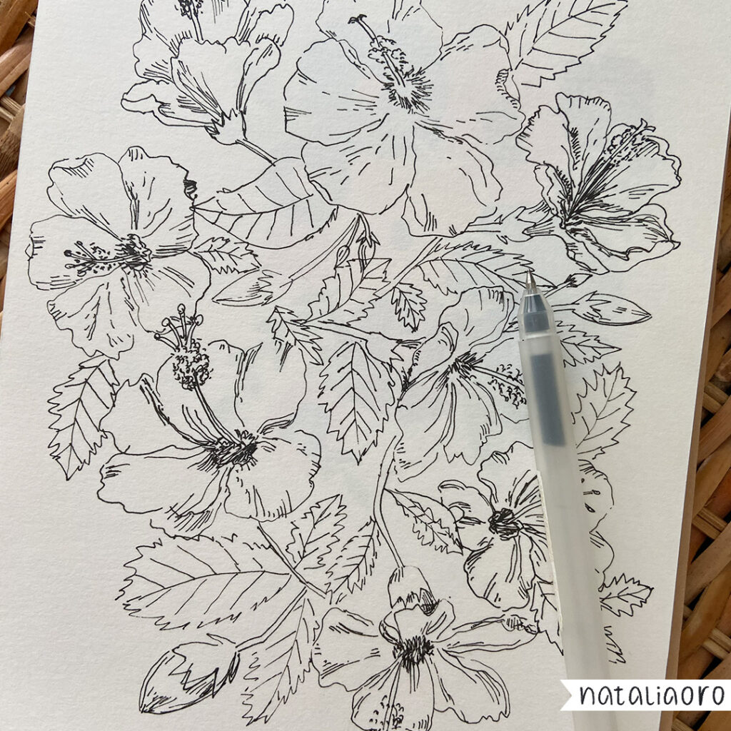 Floral composition of a hibiscus flower, line drawing in a sketchbook, nataliaoro