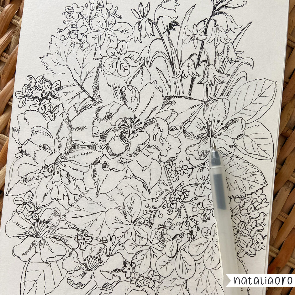 Floral composition, hand-drawn flowers and plants in a sketchbook, nataliaoro
