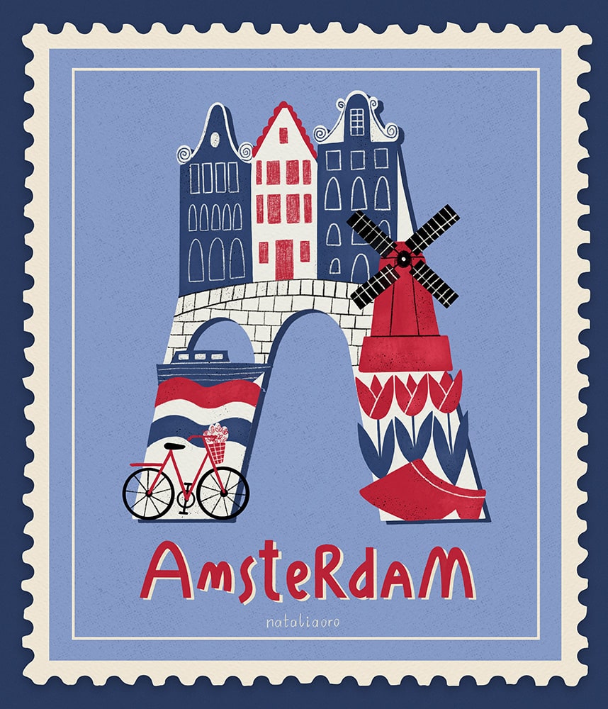 Editorial illustration - ABC of European cities, letter A stands for Amsterdam, nataliaoro