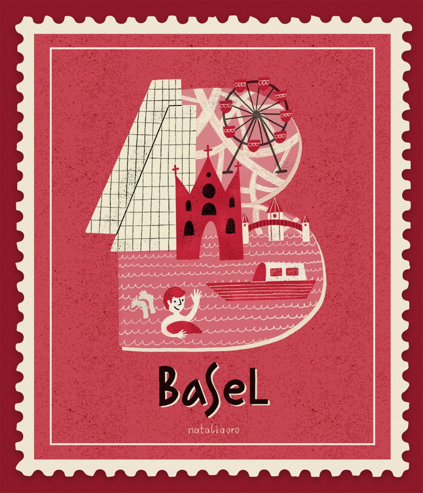 Editorial illustration - ABC of European cities, letter B stands for Basel, nataliaoro