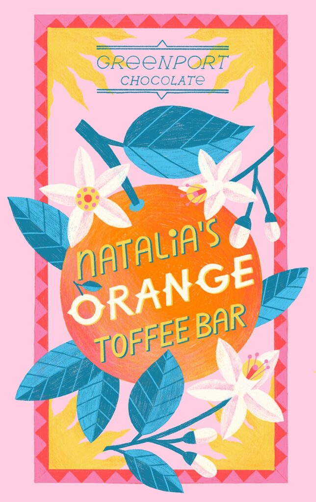 Chocolate orange toffee bar packaging illustration with lettering, nataliaoro