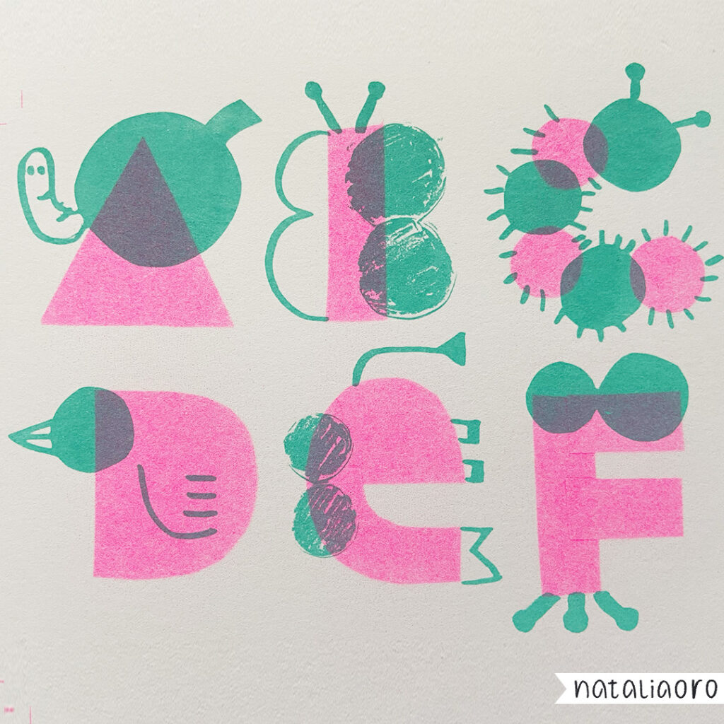 ABC animal letter with paper cut-outs and Riso print, by nataliaoro