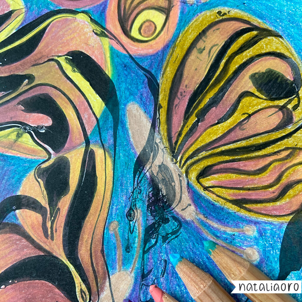 Week 36 of my creative practice experiment - marble illustration with flowing lines, butterflies in a mixed media style, by nataliaoro, 2024