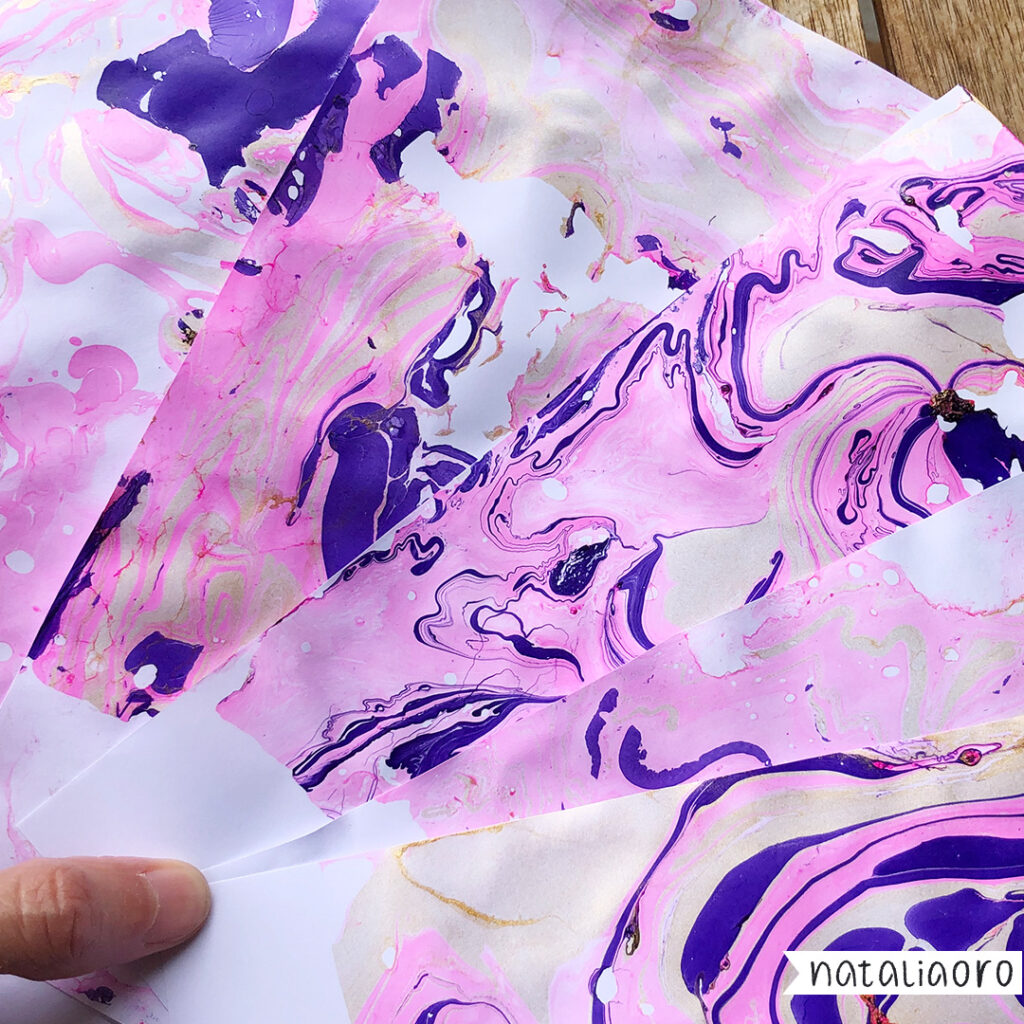 Week 35 of my creative practice experiment - marble paper samples in pink, gold and violet, by nataliaoro, 2024