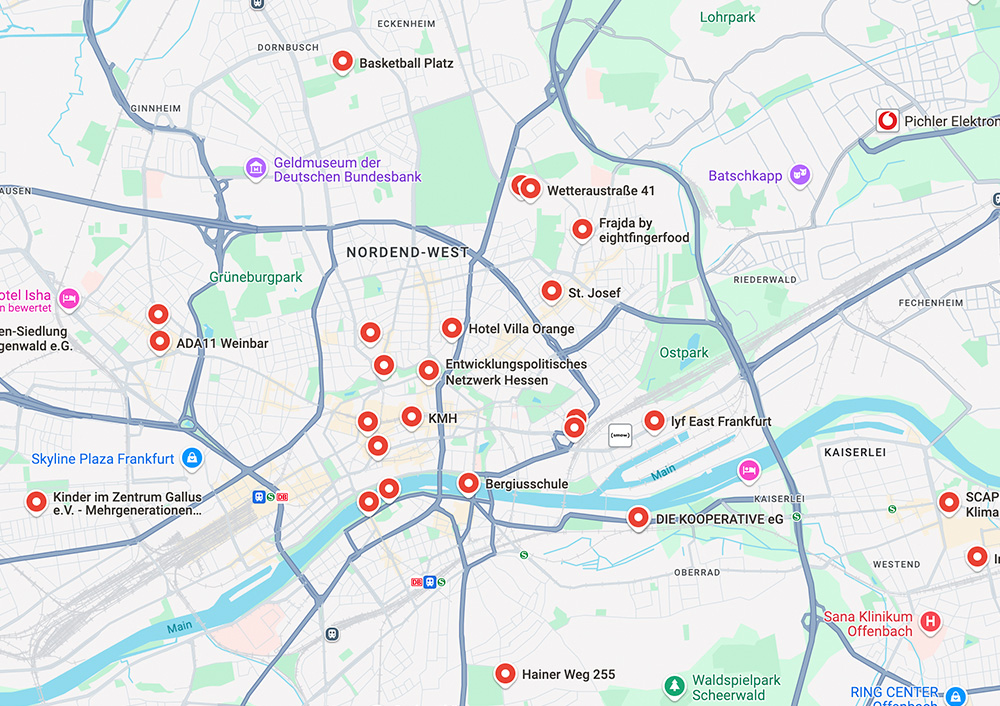 Google map showing the Foodtura festival venues in Frankfurt and region, nataliaoro