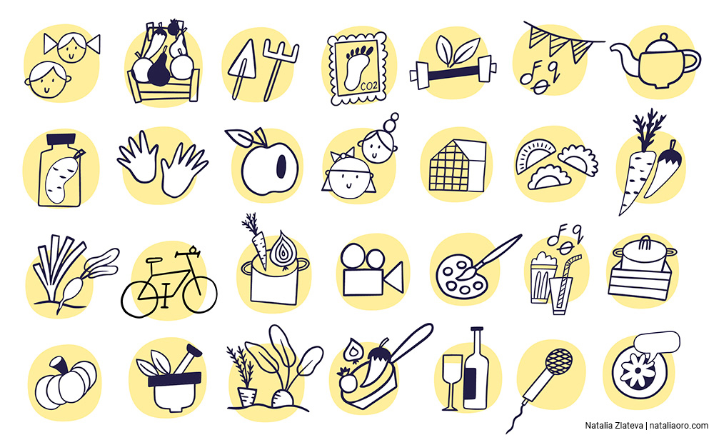 Icon set in black and white on yellow background for the Foodtura festival in Frankfurt, nataliaoro