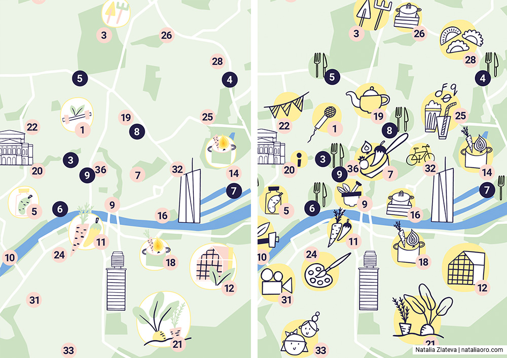 Two versions of the illustrated map for the Foodtura festival in Frankfurt, nataliaoro