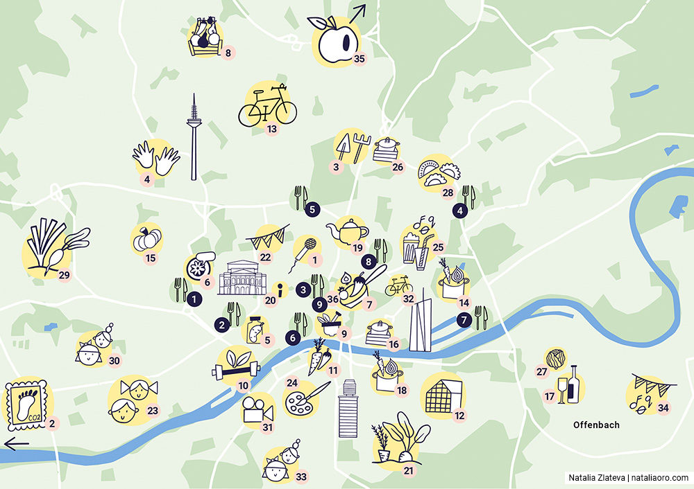 Foodtura illustrated map with spot illustration for each event in Frankfurt and region, nataliaoro