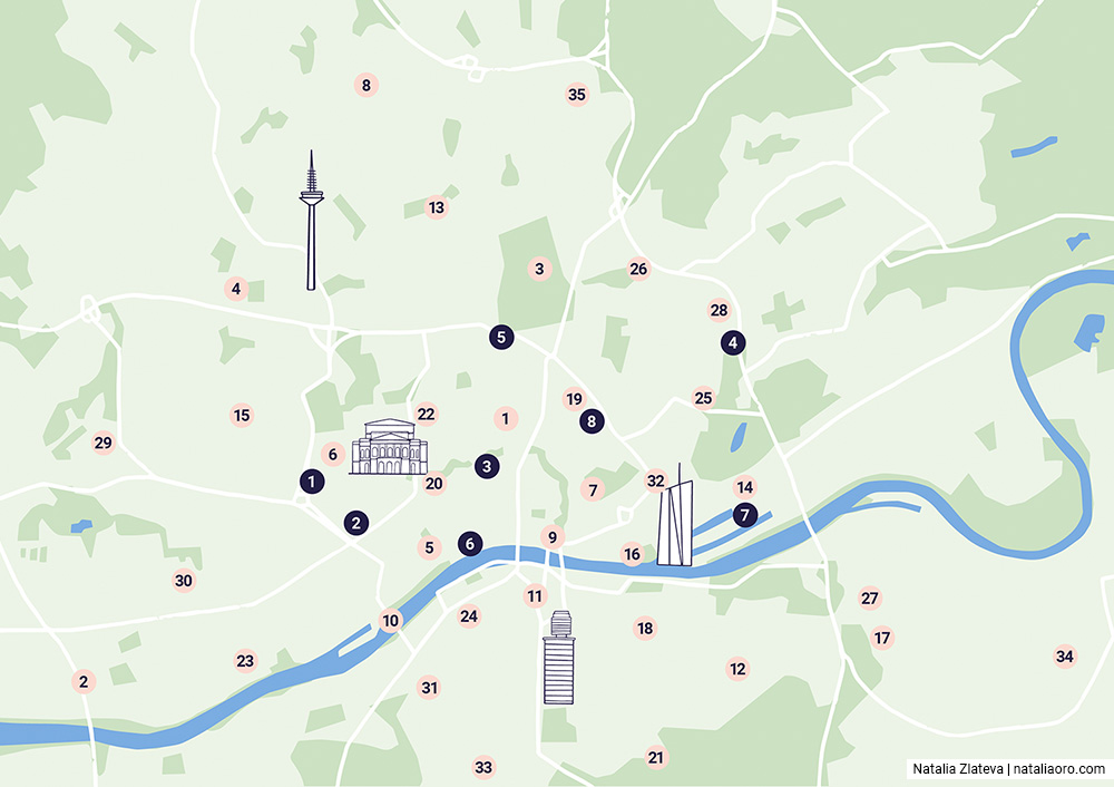 Illustrated map with landmarks and the Foodtura festival venues in Frankfurt and region, nataliaoro,