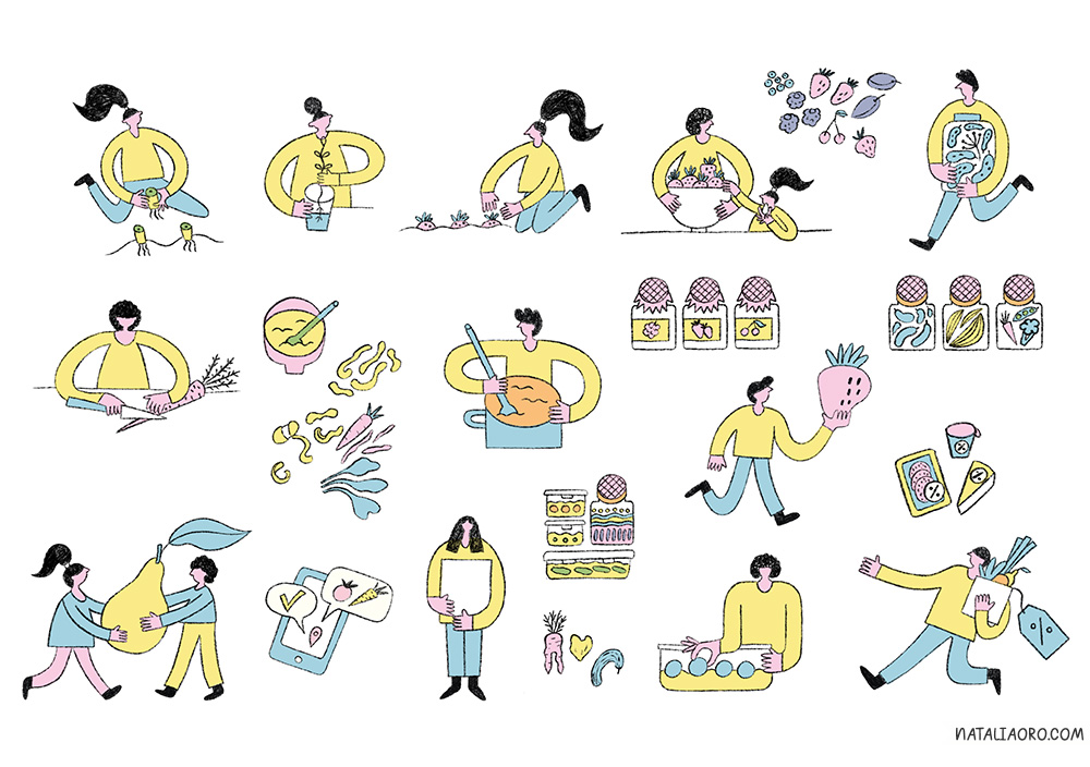 A collection of spot illustrations on the theme of avoiding food waste, by nataliaoro