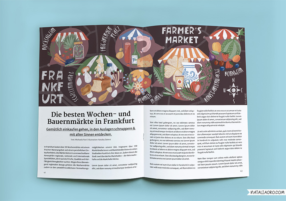 Illustrated map of Frankfurt's farmers' markets for an editorial usage, by nataliaoro, 2020