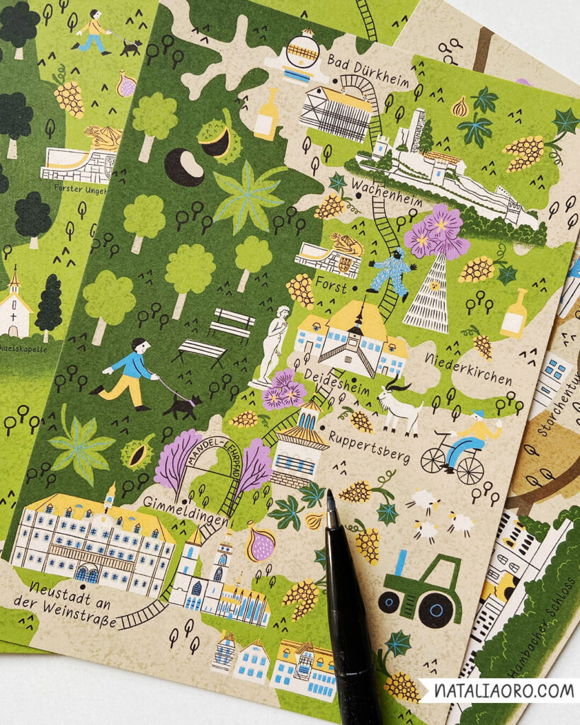 Greeting card with illustrated maps of the Weinstrasse wine route in Germany, nataliaoro