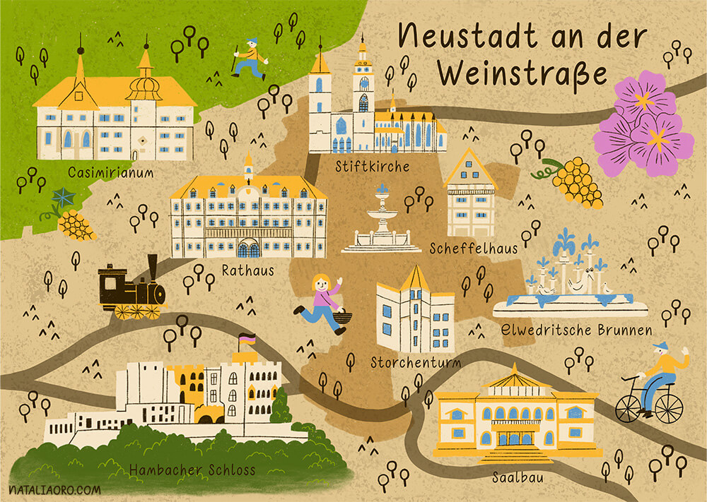 Illustrated map Neustadt an der Weinstrasse by nataliaoro, 2025