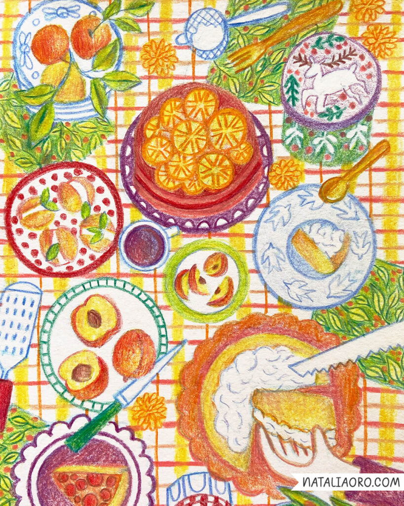 Picnic illustration with cakes, peaches, oranges and flowers, coloured pencils by nataliaoro