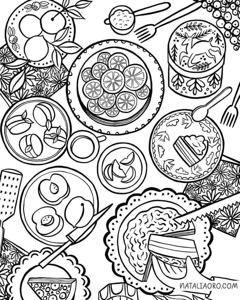 Picnic illustration with cakes, peaches, oranges and flowers, black and white line drawing by nataliaoro