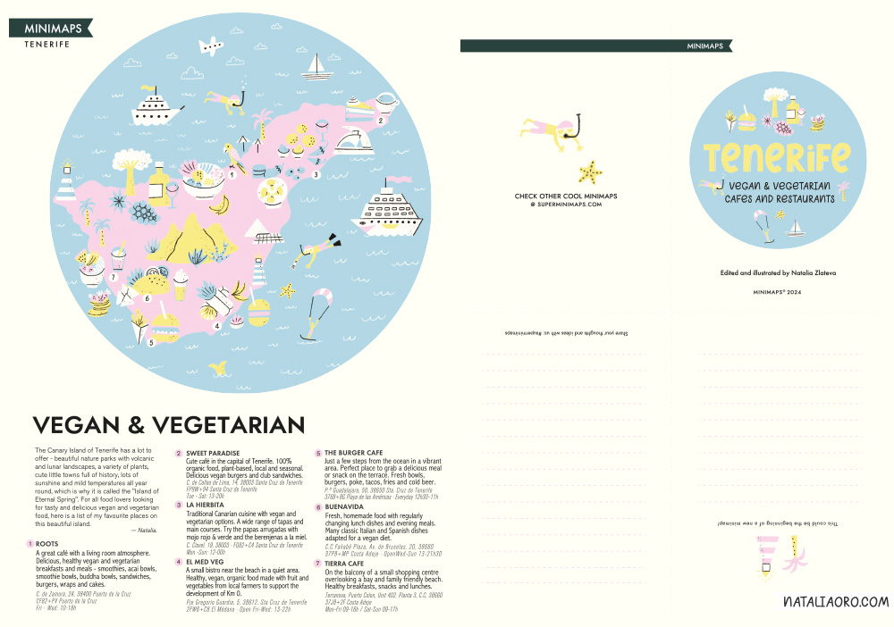 Illustrated map of Tenerife, Spain with vegan and vegetatarian food, nataliaoro