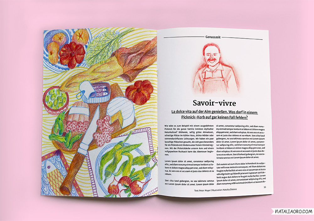 Editorial piece features an illustration of a picnic with colourful pencils and a drawing of a chef by nataliaoro