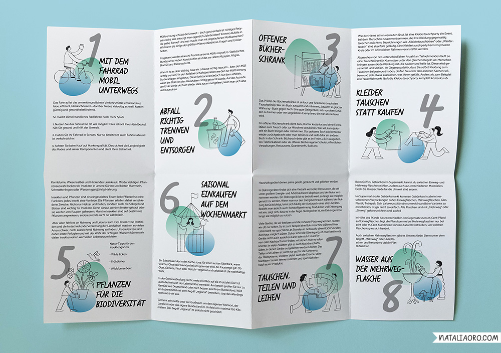 8 tips for more sustainability in everyday life, flyer, by nataliaoro