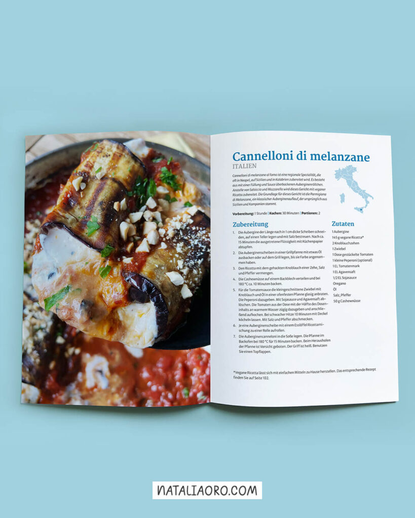 Layout design for an Italian recipe in a cookbook - Cannelloni di melanzane, nataliaoro