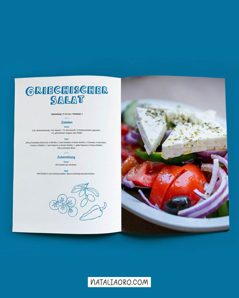 Layout design for a Greek salad recipe in a cookbook, nataliaoro