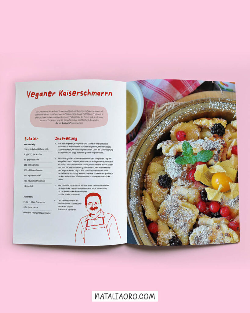 Layout design for a vegan Kaiserschmarrn recipe in a cookbook, nataliaoro
