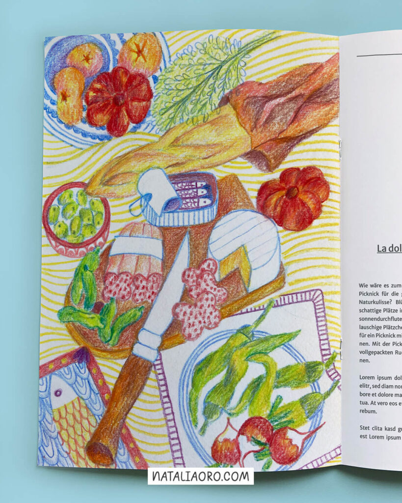 Editorial food illustration- picnic scene with coloured pencils by nataliaoro, 2025