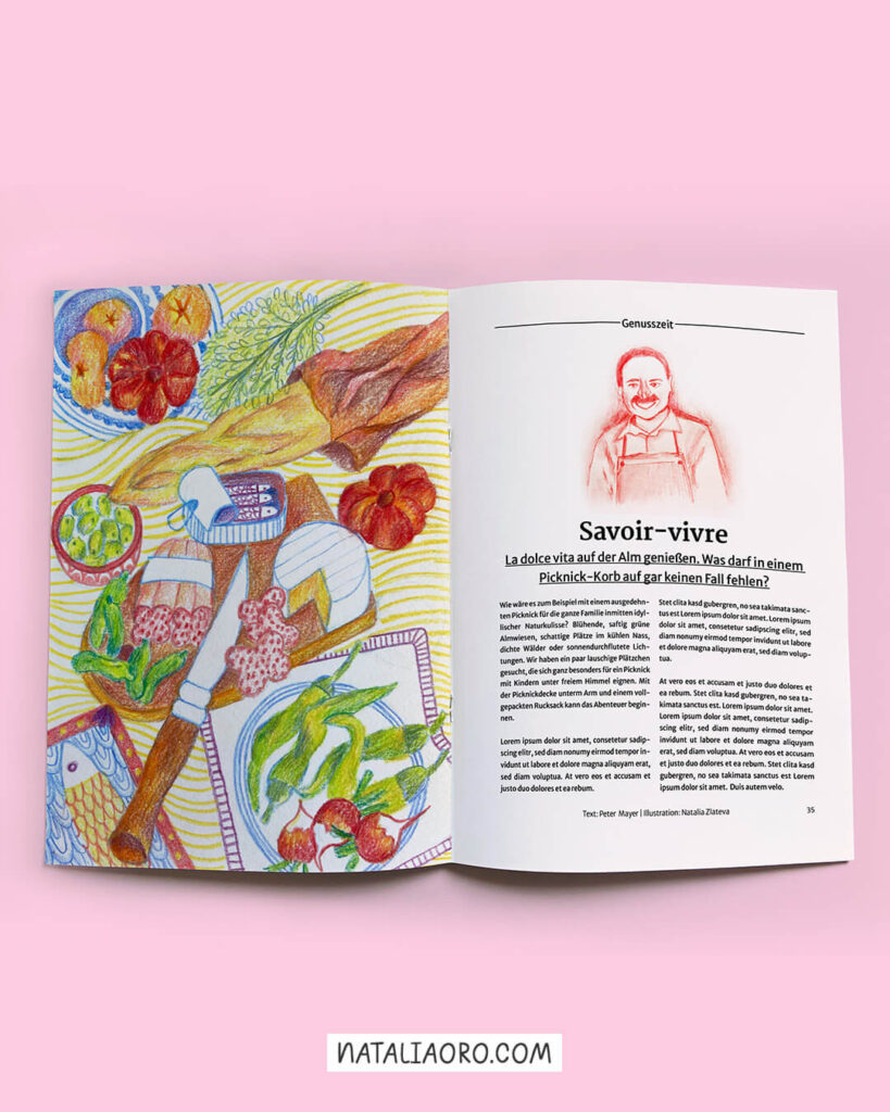 Editorial piece features an illustration of a picnic with colourful pencils and a drawing of a chef by nataliaoro