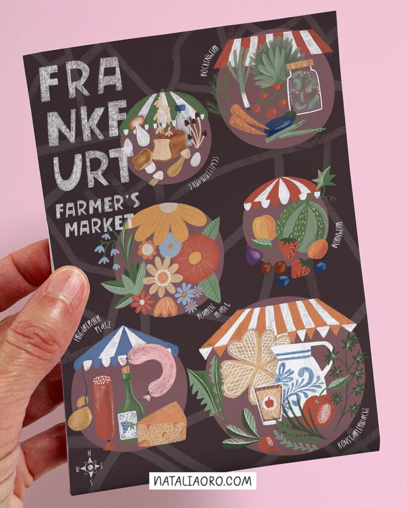An illustrated map of Frankfurt's farmers' markets, nataliaoro