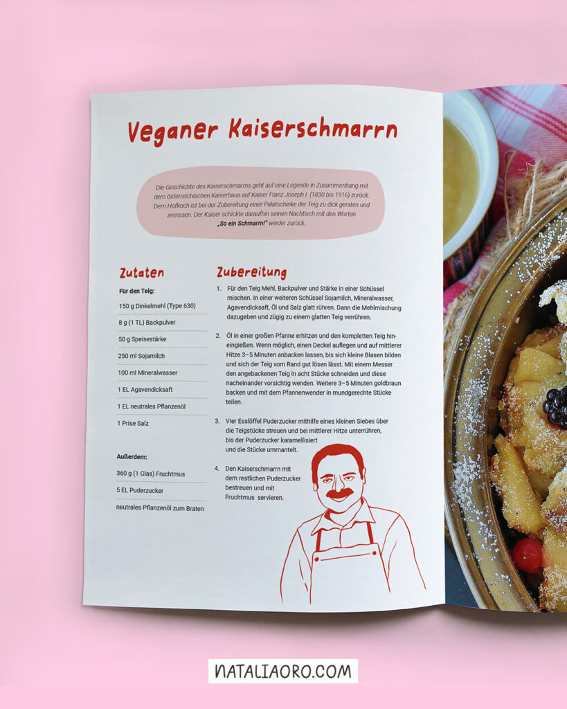 Layout design for a vegan Kaiserschmarrn recipe in a cookbook, nataliaoro