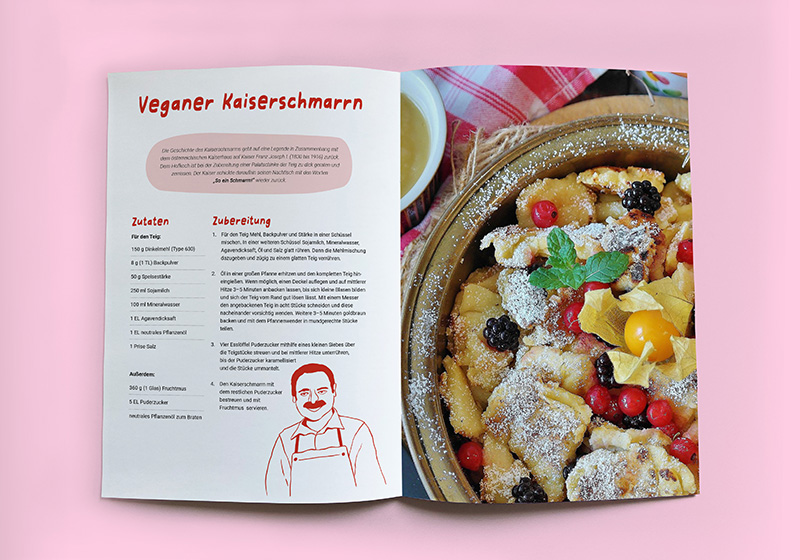Layout design for a vegan Kaiserschmarrn recipe in a cookbook, nataliaoro