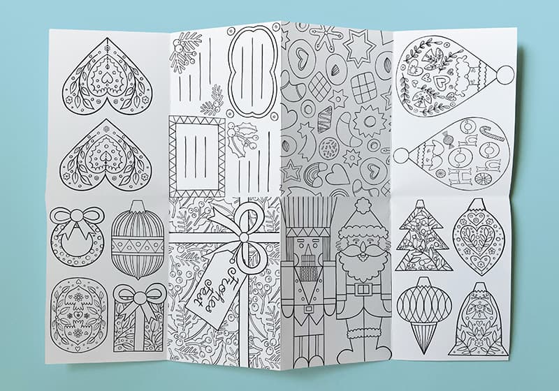 Folded flyer containing eight Christmas colouring illustrations in black and white, nataliaoro