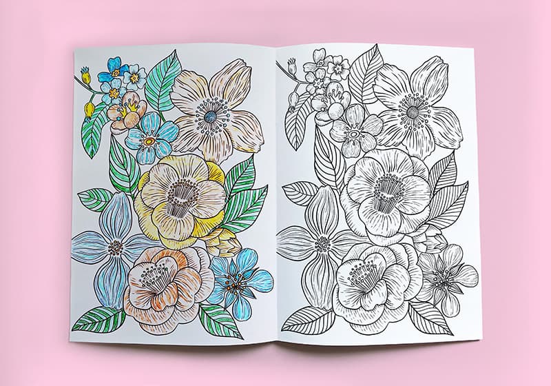 A floral colouring illustration in an activity book by nataliaoro