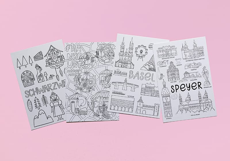 Four colour illustrations of cities on greeting cards, nataliaoro