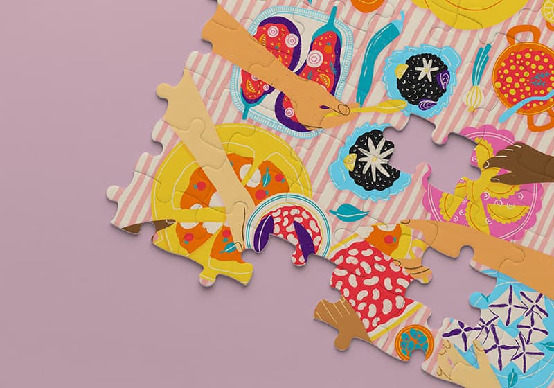 Illustration of food sharing on a puzzle by nataliaoro, 2026
